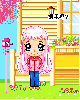 pink haired girl in front of a house